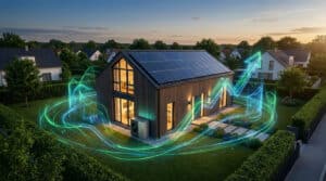 Maison moderne avec panneaux solaires et pompe à chaleur, entourée de lignes d'énergie lumineuses et d'une flèche ascendante.