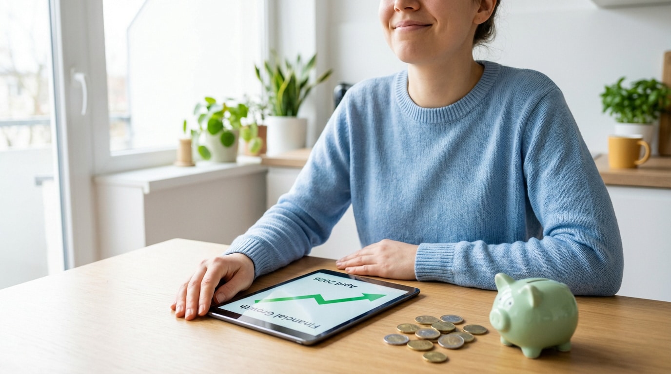 Une personne souriante regarde sa tablette affichant une croissance financière pour avril 2026, avec tirelire et pièces.