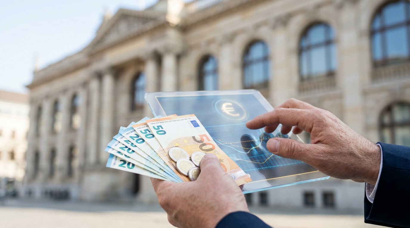 Mains comparant billets et pièces d'euros avec une tablette transparente affichant un symbole euro numérique et un graphique financier, devant un grand bâtiment institutionnel.