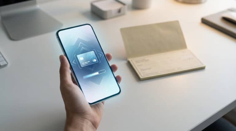 Main tenant un smartphone avec interface de paiement numérique, un carnet de chèques flou en arrière-plan. Symbolise la transition vers le paiement dématérialisé.