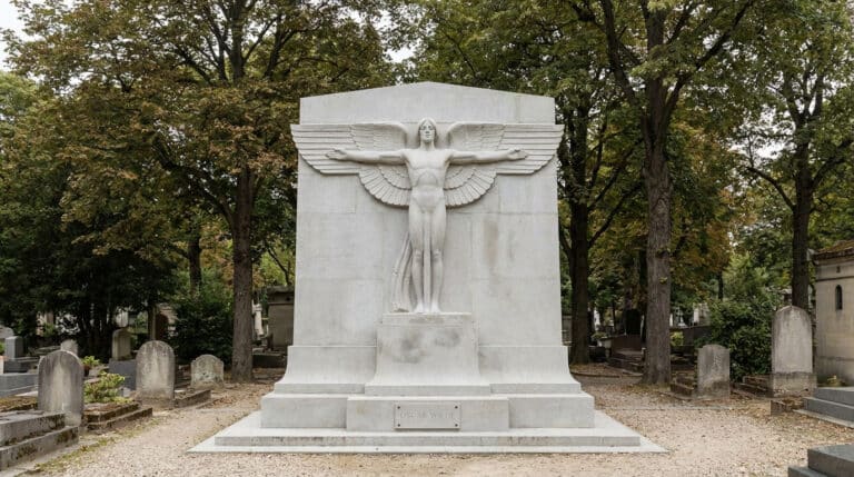 A pristine, restored white stone tomb for Oscar Wilde with a large winged angel sculpture, set in a tree-lined cemetery.