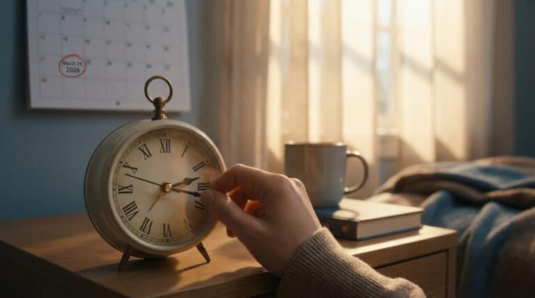 Une main ajuste un réveil vintage, marquant le passage à l'heure d'été. Calendrier au 29 mars 2026 visible. Lumière matinale.