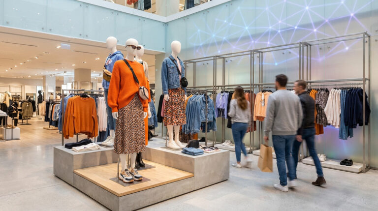 Intérieur d'un magasin de mode moderne et lumineux. Mannequins en tenues décontractées, portants de vêtements et clients en mouvement.