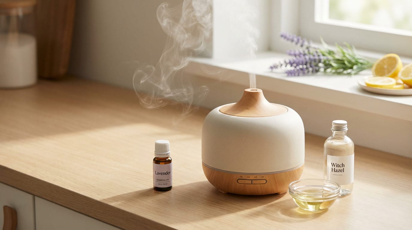 Elegant electric diffuser emitting mist, surrounded by lavender essential oil, carrier oil, and witch hazel on a wooden counter with blurred lavender and lemon in background.