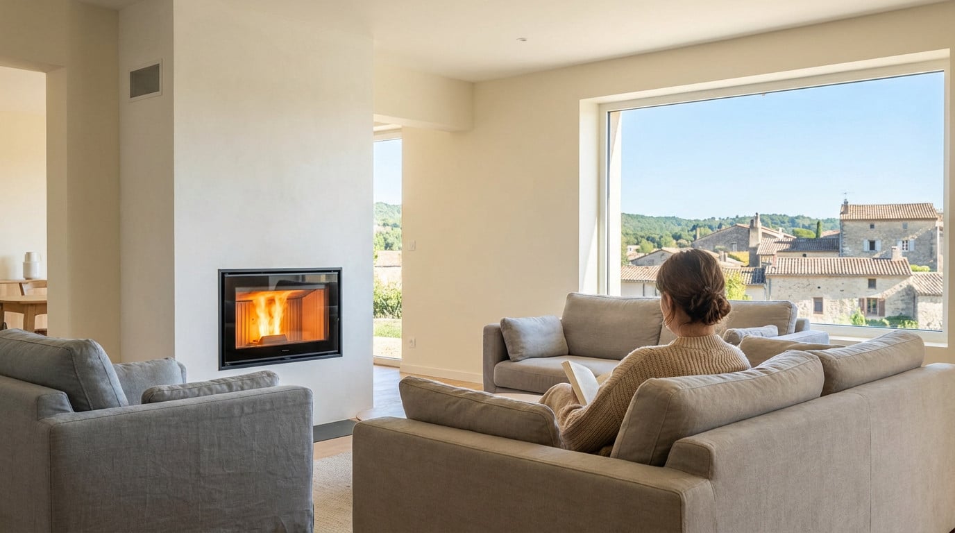 A person reads on a sofa in a modern French living room with an integrated fireplace and a large window overlooking a village.