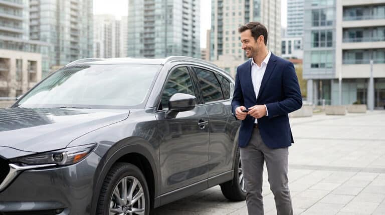Un homme souriant en blazer bleu et pantalon gris se tient près d'un SUV gris anthracite en ville, clés de voiture en main.