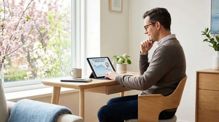 Homme regardant un graphique de taux immobiliers en baisse sur tablette, près d'une fenêtre avec arbres fleuris.