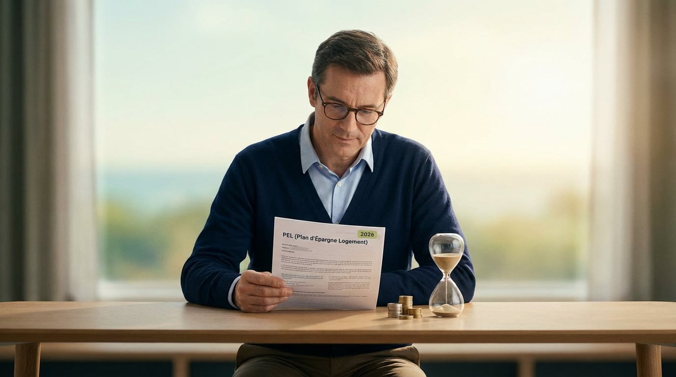 Man in cardigan reviews PEL document with '2026' highlighted, hourglass and euro coins on desk. Bright window background.