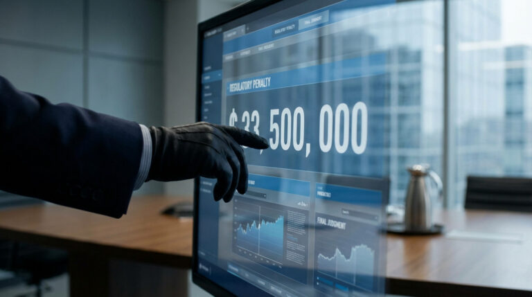Main gantée pointant un écran d'ordinateur affichant une « REGULATORY PENALTY » de 33 500 000 $. Bureau moderne.