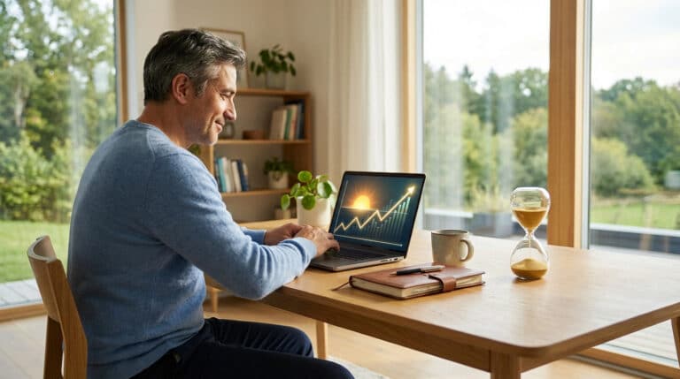 Un homme examine un graphique de croissance financière sur son ordinateur portable, un sablier symbolisant le temps, près d'une fenêtre.