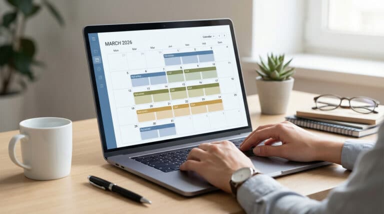 Personne consultant un calendrier numérique sur un ordinateur portable, affichant les dates CAF et de retraites de mars 2026.