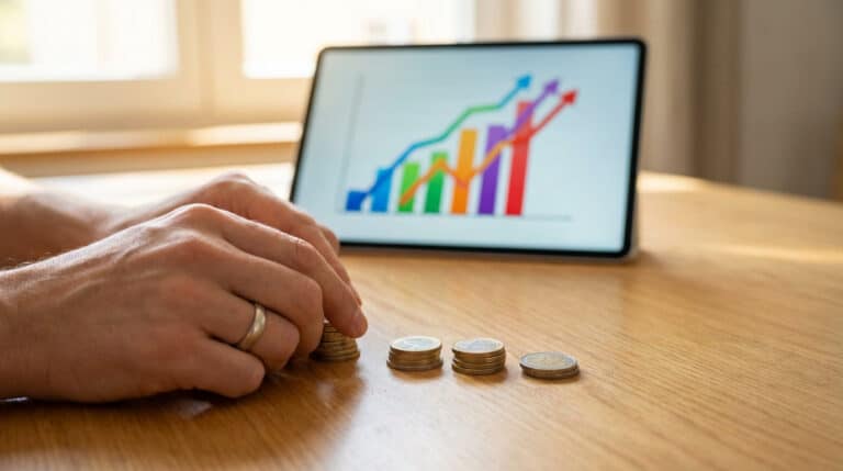 Mains comptant des pièces d'euro devant une tablette affichant un graphique de croissance. Illustre l'optimisation du rendement financier.