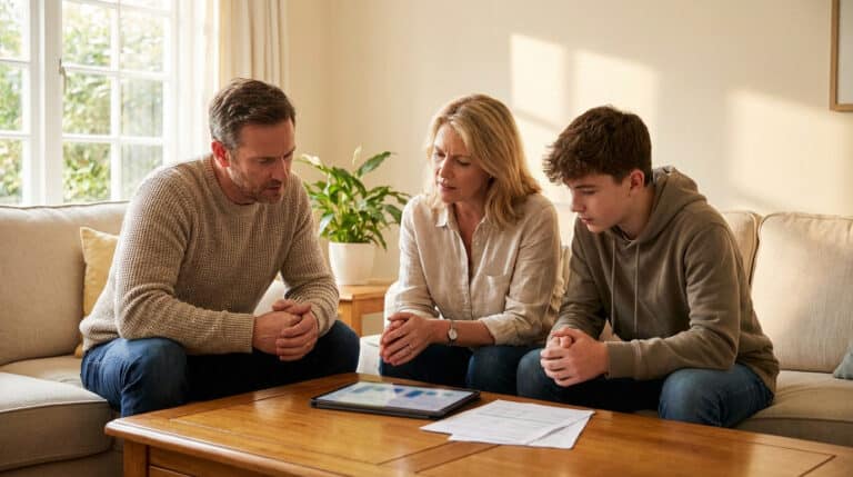 Famille (parents et adolescent) attentive, examinant des documents et une tablette sur une table basse dans leur salon.