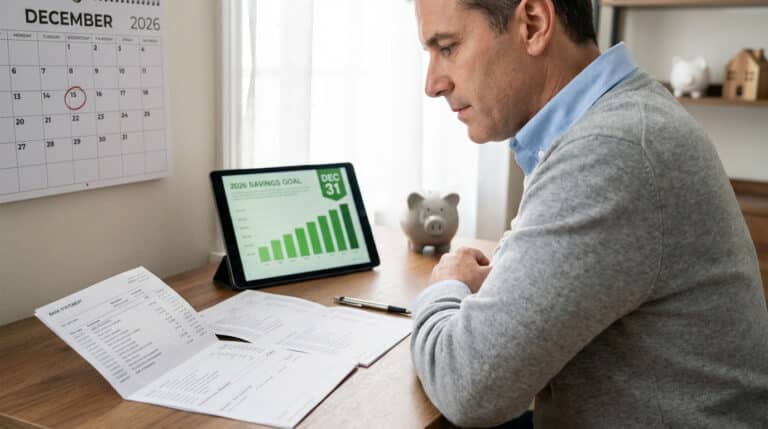 Homme analyse documents financiers, tableau de bord d'épargne 2026 sur tablette et calendrier avec le 15 décembre encerclé.