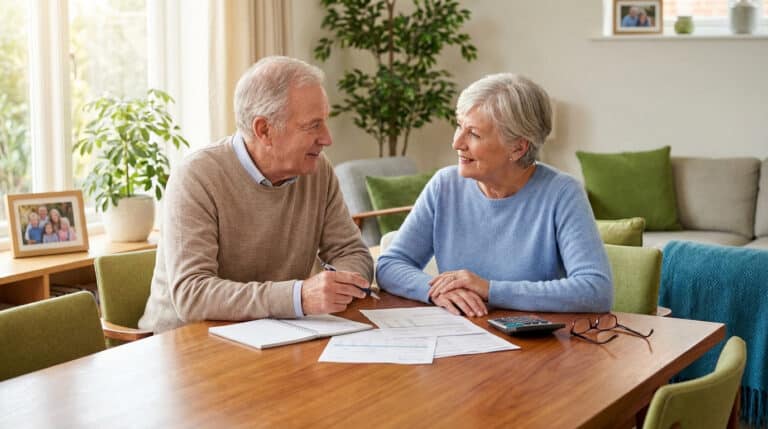 Couple de retraités souriants examine des documents fiscaux et une calculatrice sur une table en bois à la maison.