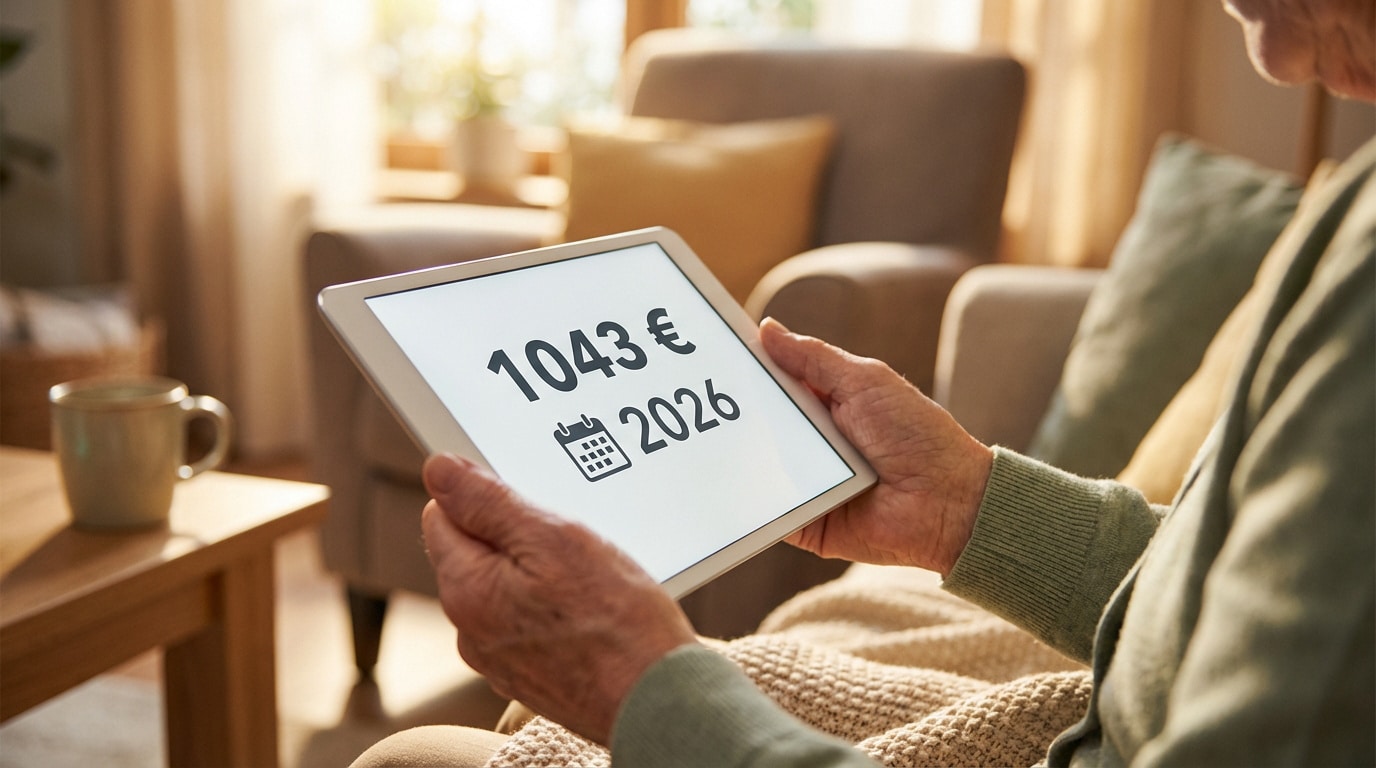 Mains ridées d'une personne âgée tenant une tablette affichant '1043 €' et l'année '2026' avec un calendrier. Arrière-plan flou.