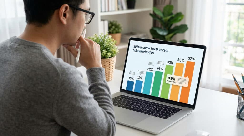 Un homme analyse un graphique affichant les tranches d'impôt sur le revenu 2026 et leur revalorisation sur son PC.