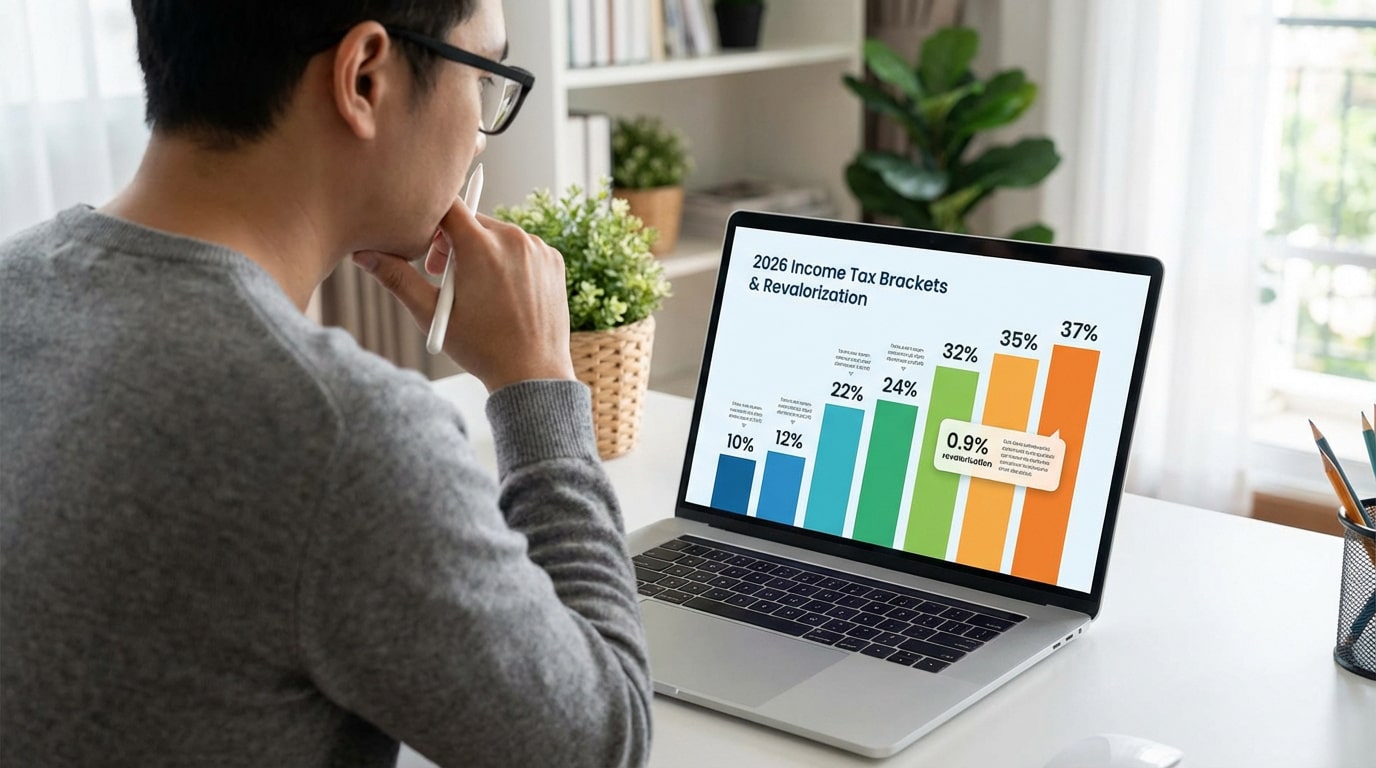 Un homme analyse un graphique affichant les tranches d'impôt sur le revenu 2026 et leur revalorisation sur son PC.
