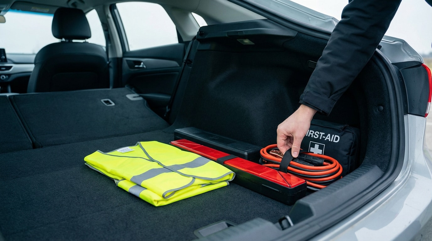 Coffre de voiture ouvert avec gilet jaune, triangle de signalisation, trousse de secours et câbles de démarrage. Une main les organise.