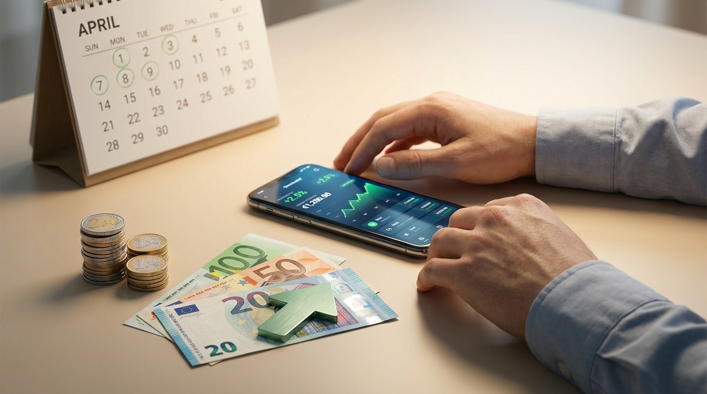 Mains consultant un smartphone avec graphique financier, euros, flèche verte et calendrier d'avril sur un bureau.