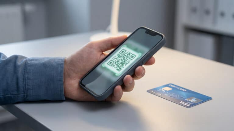 Main tenant un smartphone avec un QR code lumineux et une carte bancaire bleue sur une table. Illustration d'une arnaque potentielle.
