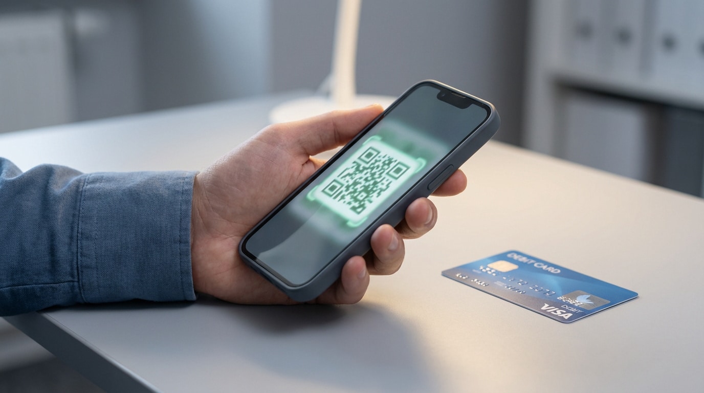 Main tenant un smartphone avec un QR code lumineux et une carte bancaire bleue sur une table. Illustration d'une arnaque potentielle.