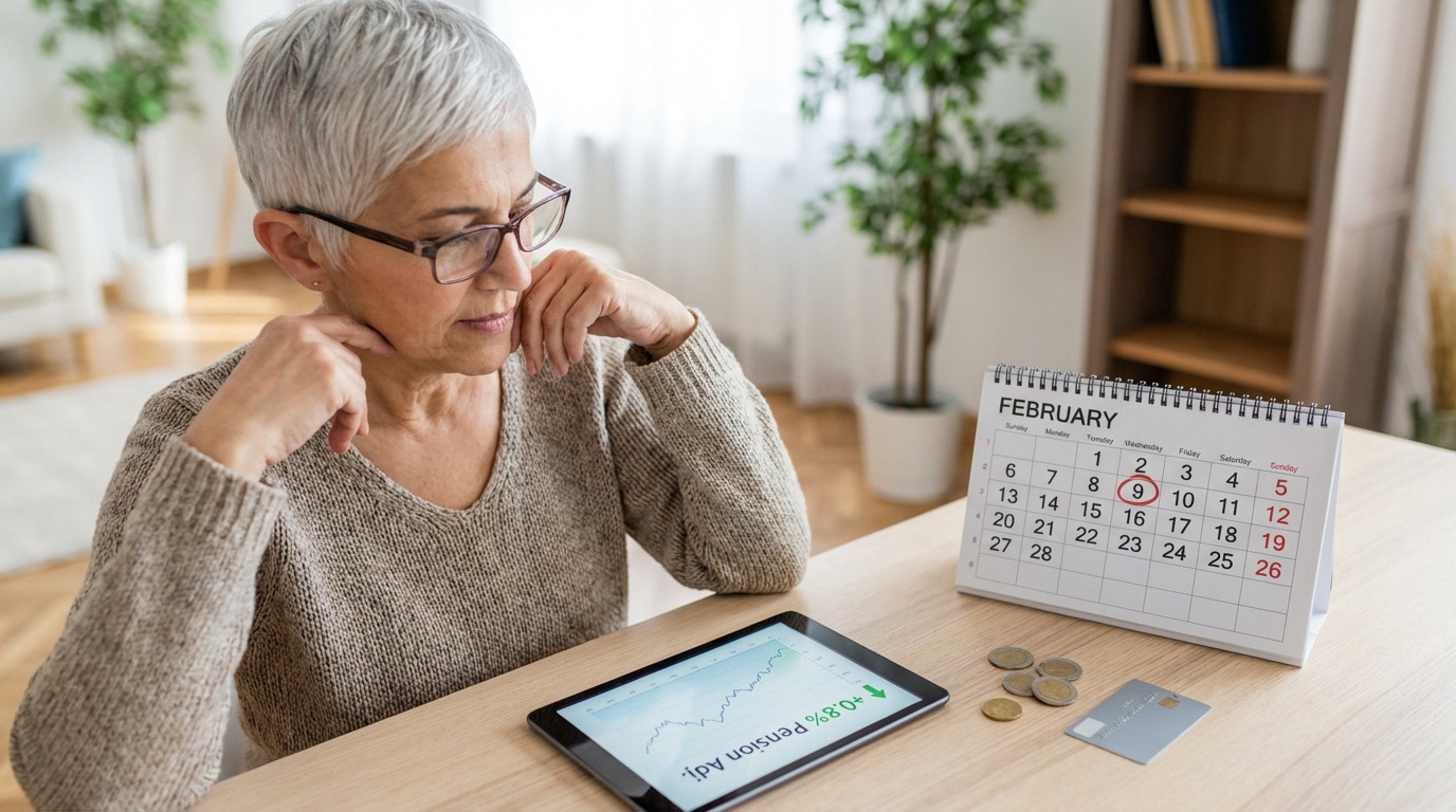 Femme pensive devant une tablette montrant sa pension (+0,8%) et un calendrier de février, date du 9 encerclée.