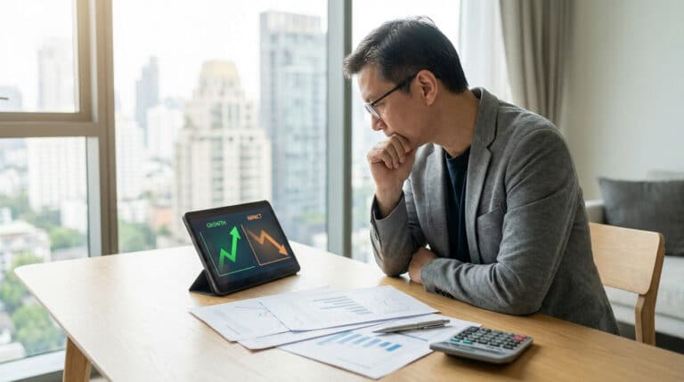 Homme réfléchissant devant une tablette (graphiques croissance/impact) et des documents financiers. Vue sur une ville.
