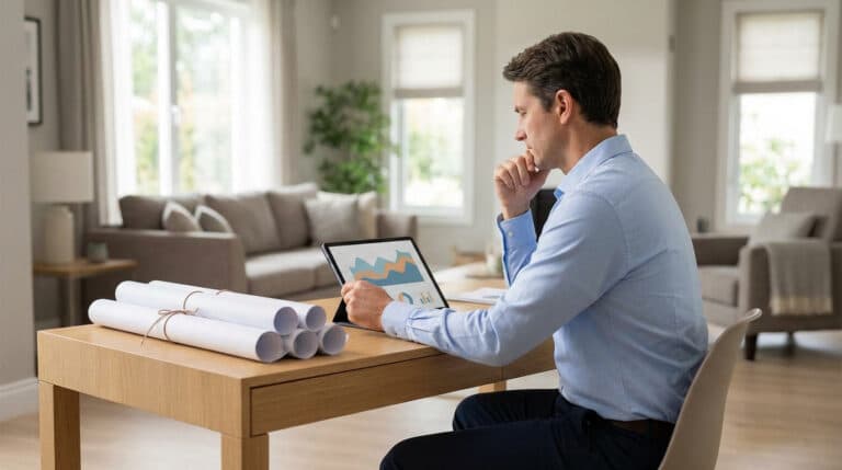 Homme analysant des données sur tablette et plans pour un projet de rénovation, potentiellement lié à MaPrimeRénov.