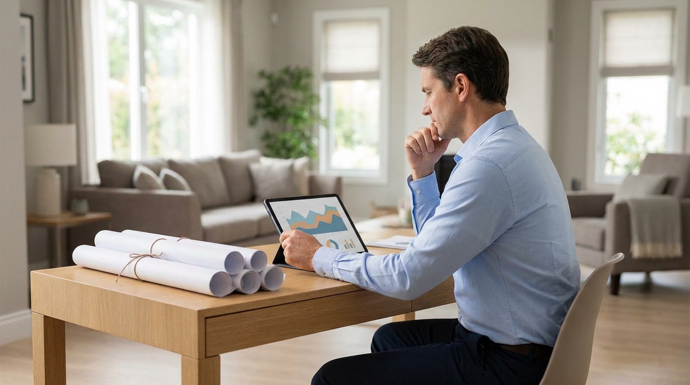 Homme analysant des données sur tablette et plans pour un projet de rénovation, potentiellement lié à MaPrimeRénov.