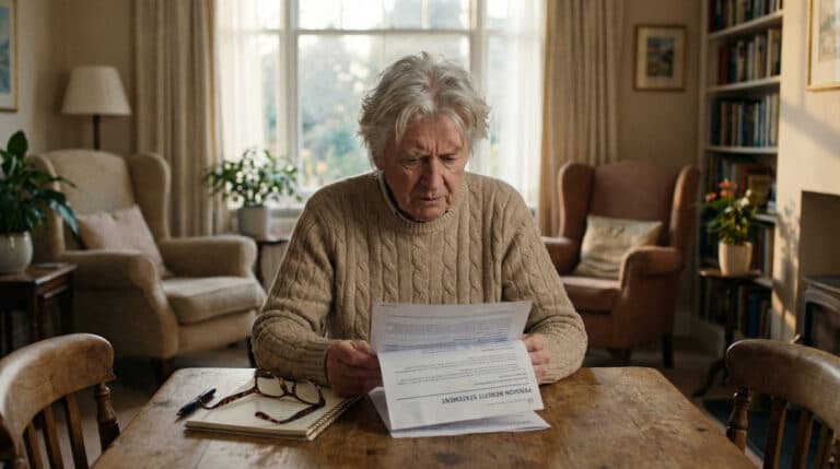 Homme retraité aux cheveux gris lit des documents de pension avec une expression préoccupée, symbolisant l'impact sur les retraites.