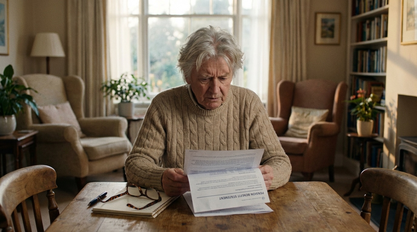 Homme retraité aux cheveux gris lit des documents de pension avec une expression préoccupée, symbolisant l'impact sur les retraites.