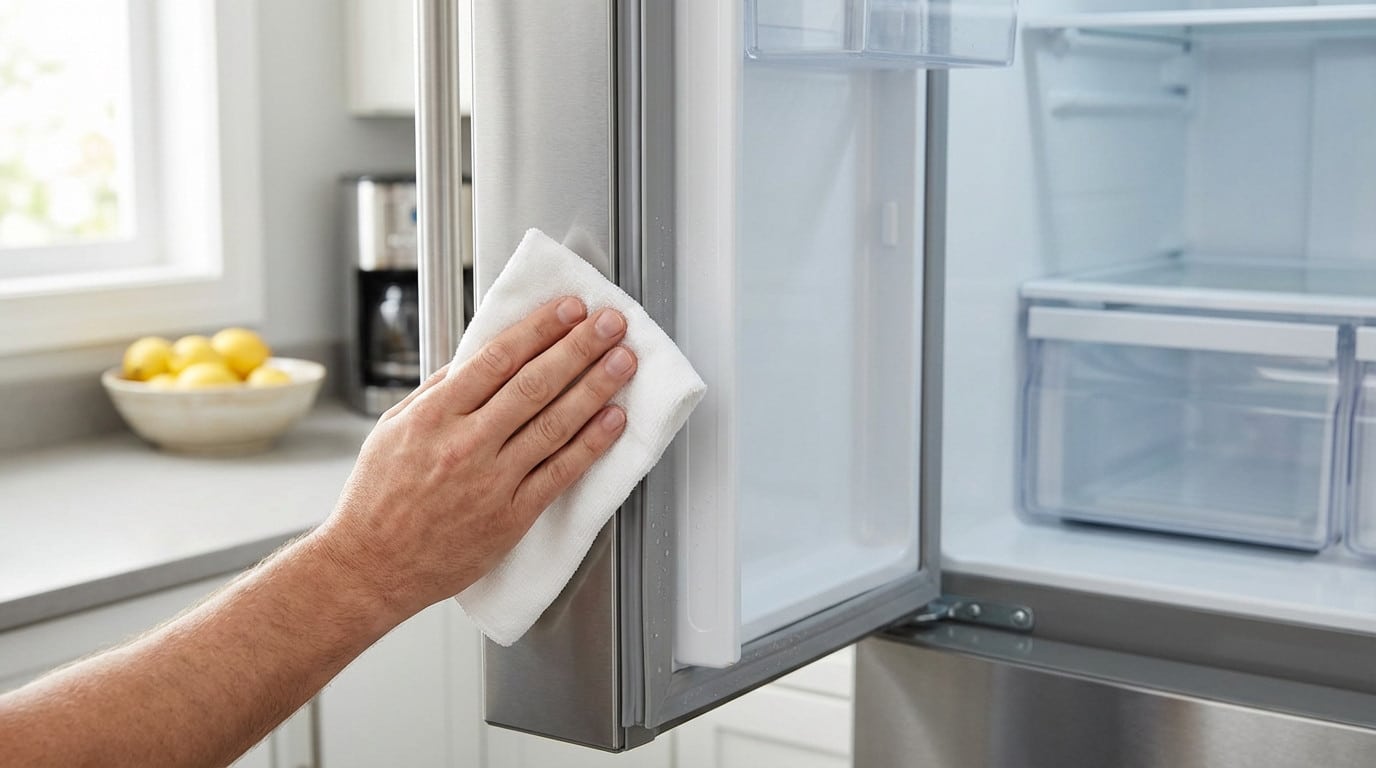 Close-up of a hand with a white cloth cleaning the grey rubber gasket on an opened, modern stainless steel refrigerator door in a bright kitchen.