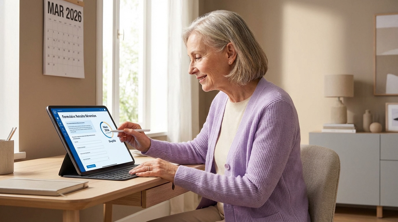 Femme souriante utilise tablette pour formulaire retraite réversion. Calendrier mural affiche MARS 2026.