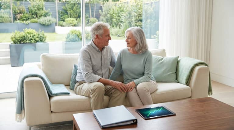 Un couple de seniors aux cheveux gris, assis confortablement sur un canapé, se tenant la main. Une tablette affiche un graphique financier.