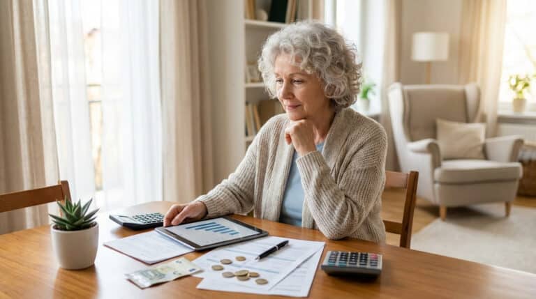 Une retraitée réfléchit devant des papiers, une tablette et de l'argent, gérant son budget pour trouver des aides.