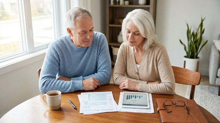 Un couple de seniors à table examine des papiers et un graphique sur tablette, planifiant leurs finances et impôts.