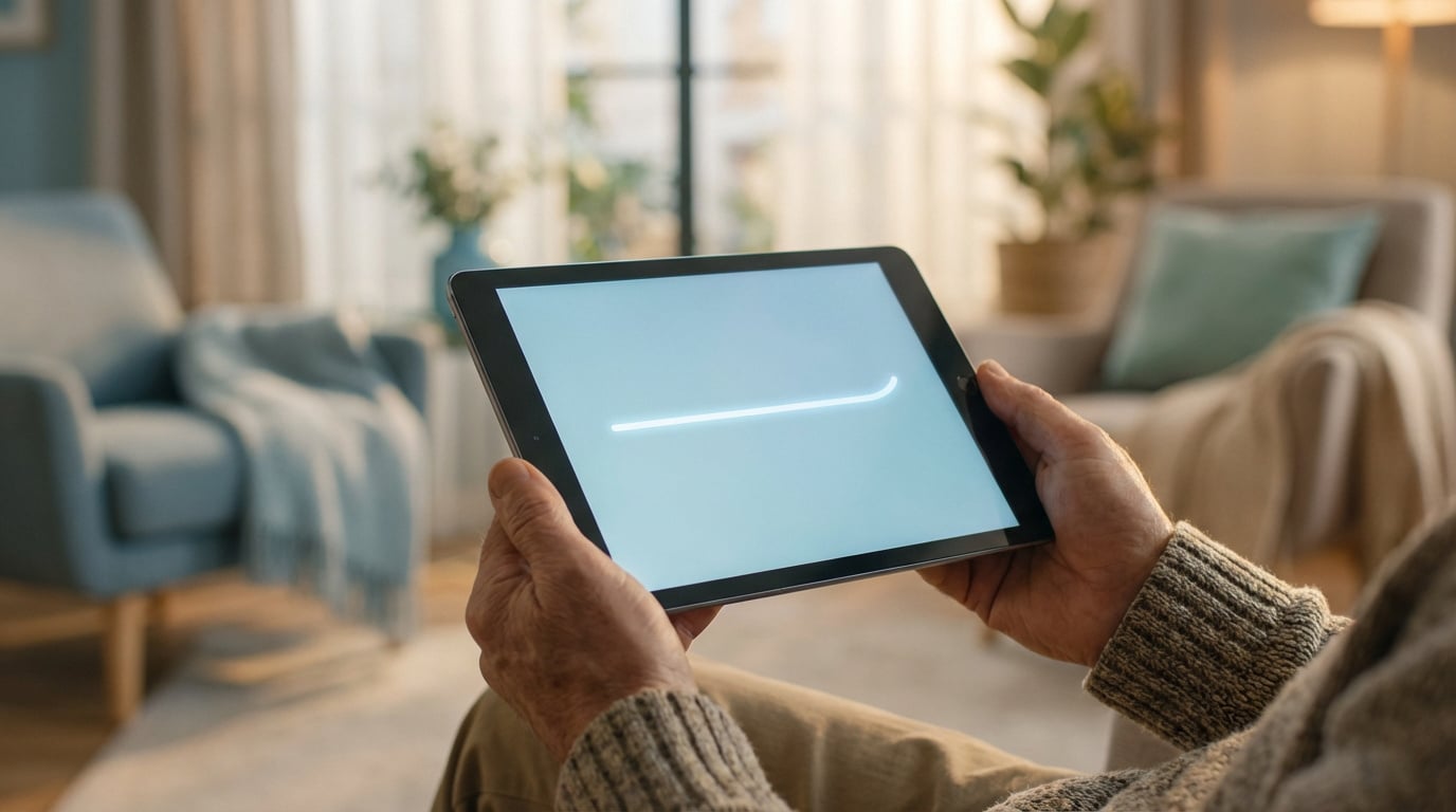 Mains d'une personne âgée tenant une tablette avec écran clair. Intérieur de salon flou en arrière-plan.