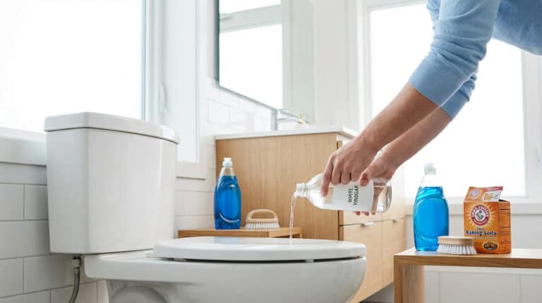 A person pours white vinegar into a modern toilet. Blue dish soap and baking soda are on a nearby shelf for natural cleaning.