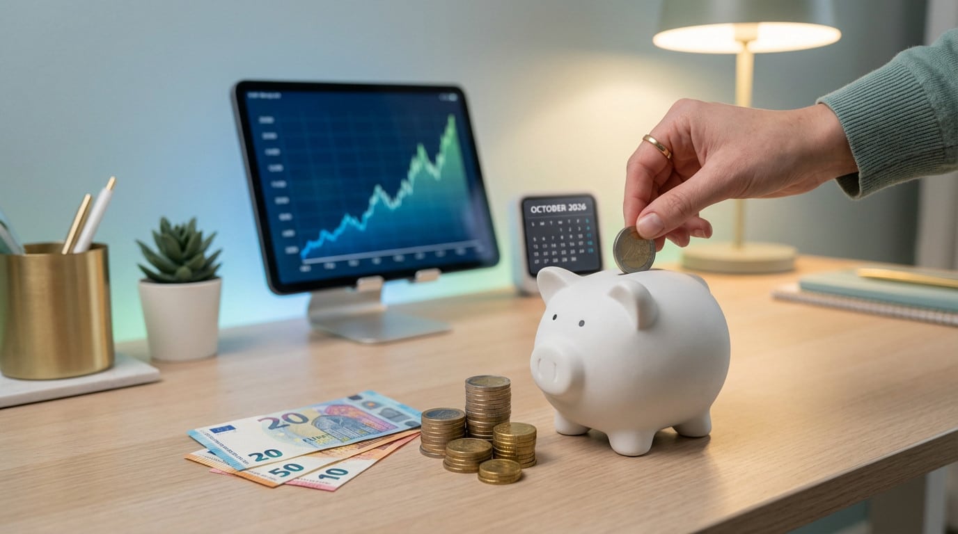 A hand places a euro coin into a piggy bank on a desk, surrounded by euro notes, coins, a financial graph, and a 2026 calendar.