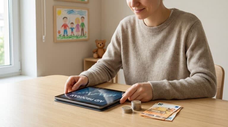 Une personne consulte une tablette affichant "AID PROGRAM", avec des euros et des pièces sur la table, suggérant la gestion d'aides financières familiales.