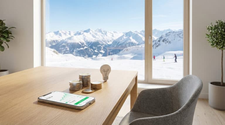 Minimalist desk with smartphone showing financial app, euro coins, and idea bulb. Snowy mountain vista with skiers through window.