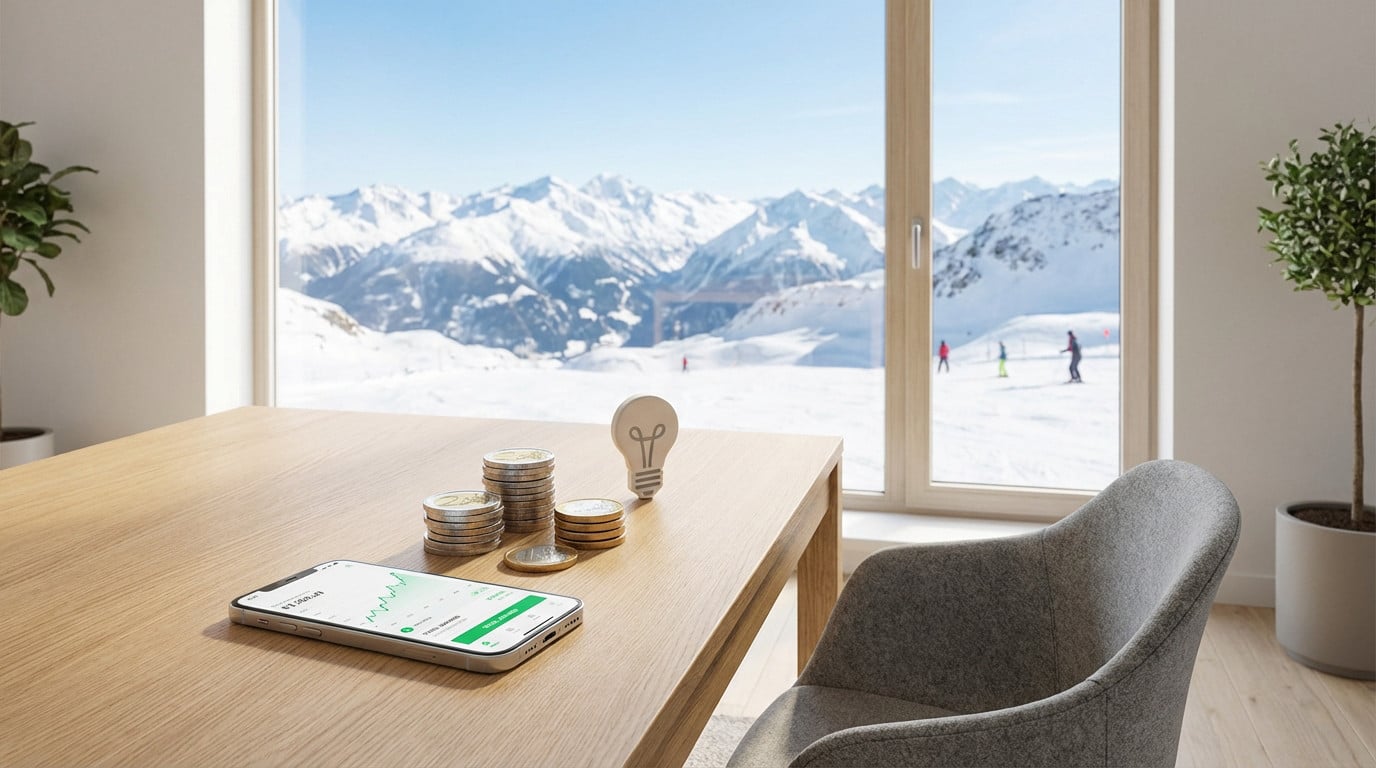 Minimalist desk with smartphone showing financial app, euro coins, and idea bulb. Snowy mountain vista with skiers through window.