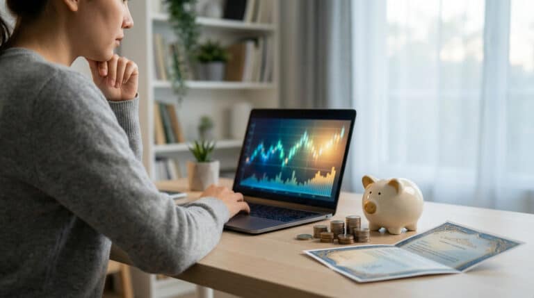 Side profile of a person thoughtfully analyzing financial graphs on a laptop, with a piggy bank, coins, and document on a desk.