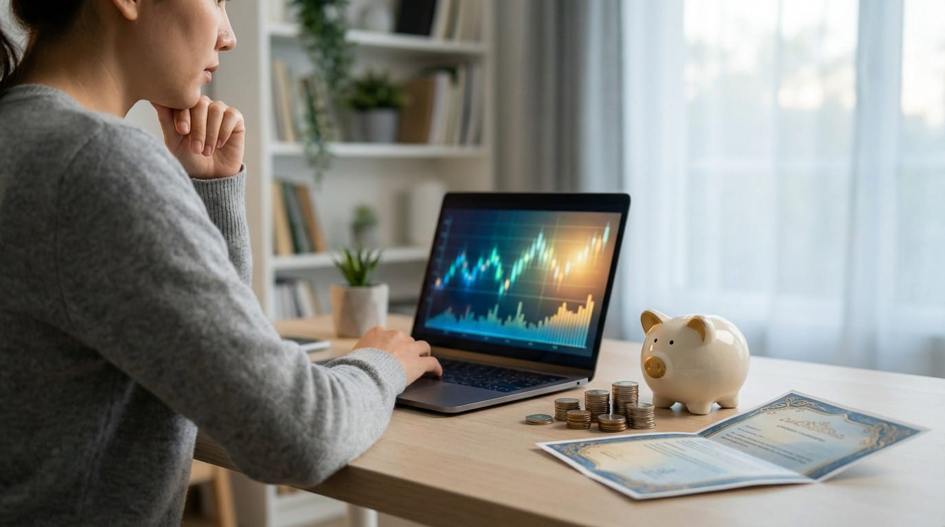 Side profile of a person thoughtfully analyzing financial graphs on a laptop, with a piggy bank, coins, and document on a desk.