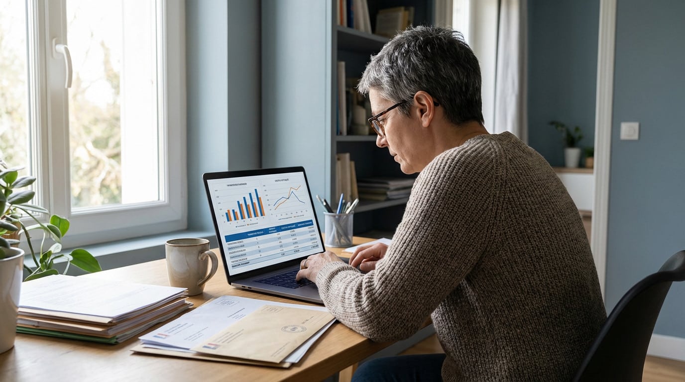 Person in 40s/50s intently analyzing financial graphs on a laptop for retirement planning in a well-lit home office.