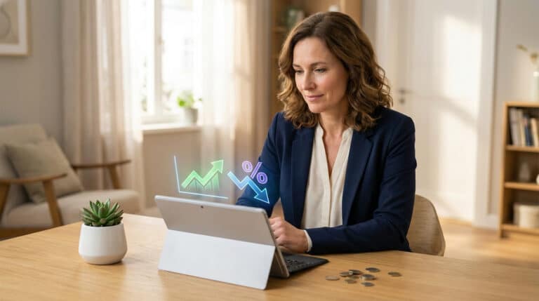 Femme concentrée sur une tablette affichant graphiques de croissance et baisse de pourcentage, symbolisant l'optimisation fiscale du PER.