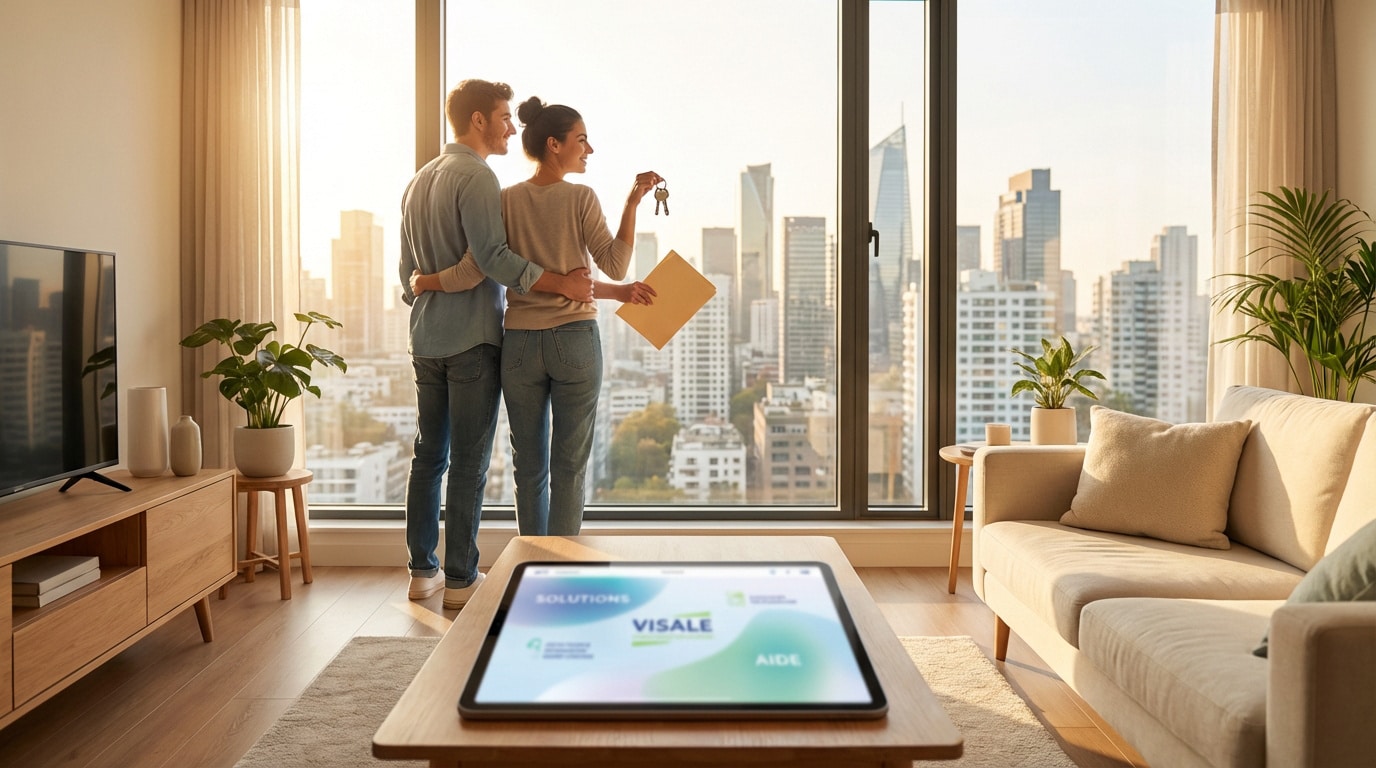 Couple souriant dans un appartement moderne avec vue sur la ville. La femme tient des clés et un dossier. Une tablette affiche 'Visale'.