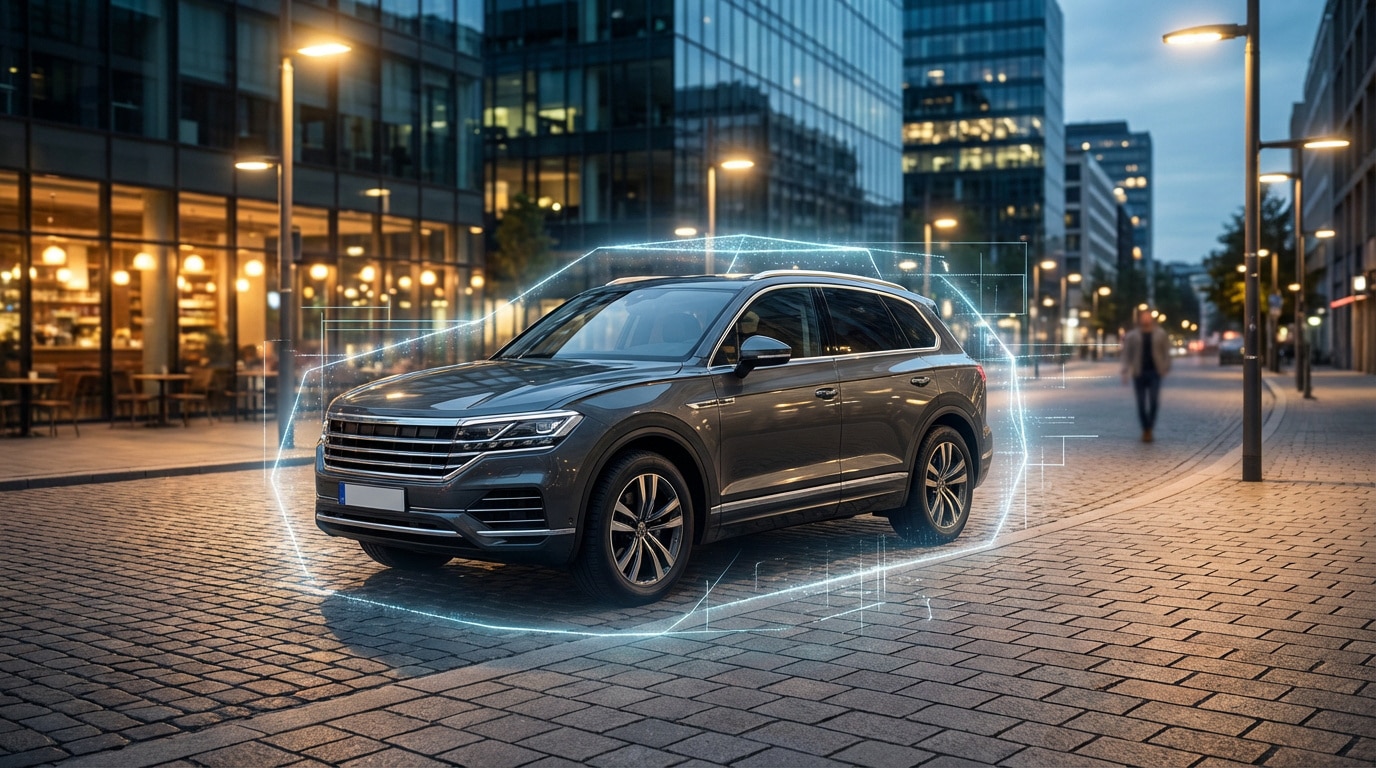 SUV gris foncé avec un bouclier numérique bleu lumineux en ville au crépuscule. Reflète la sécurité automobile moderne.