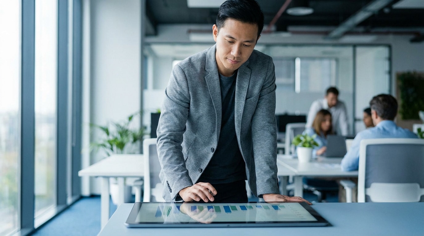 Homme analysant des graphiques de données salariales sur une tablette tactile dans un bureau moderne et lumineux, collègues en arrière-plan.